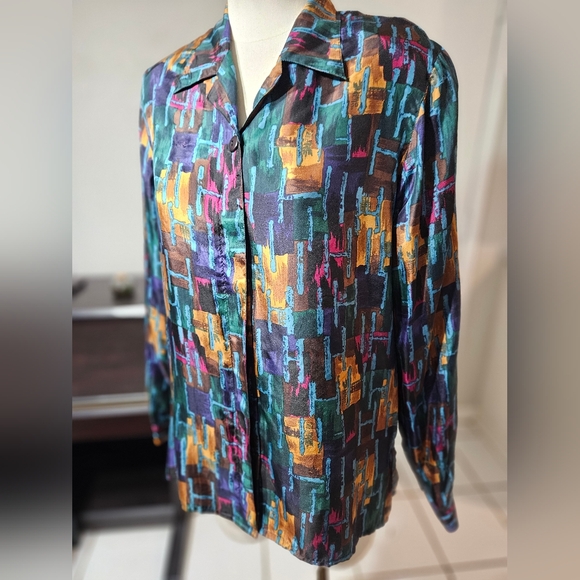 Stunt Tops - VTG 90s Stunt 100% Silk Button Up Top  with Shoulder Pads! Small